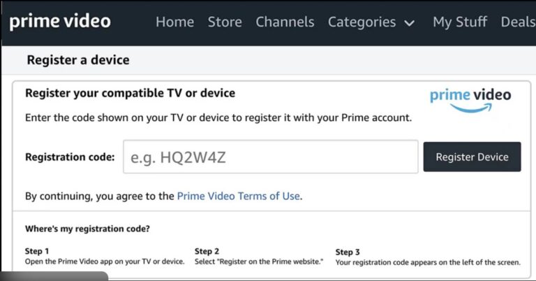 Amazon Prime Video registration page showing code entry and register device button